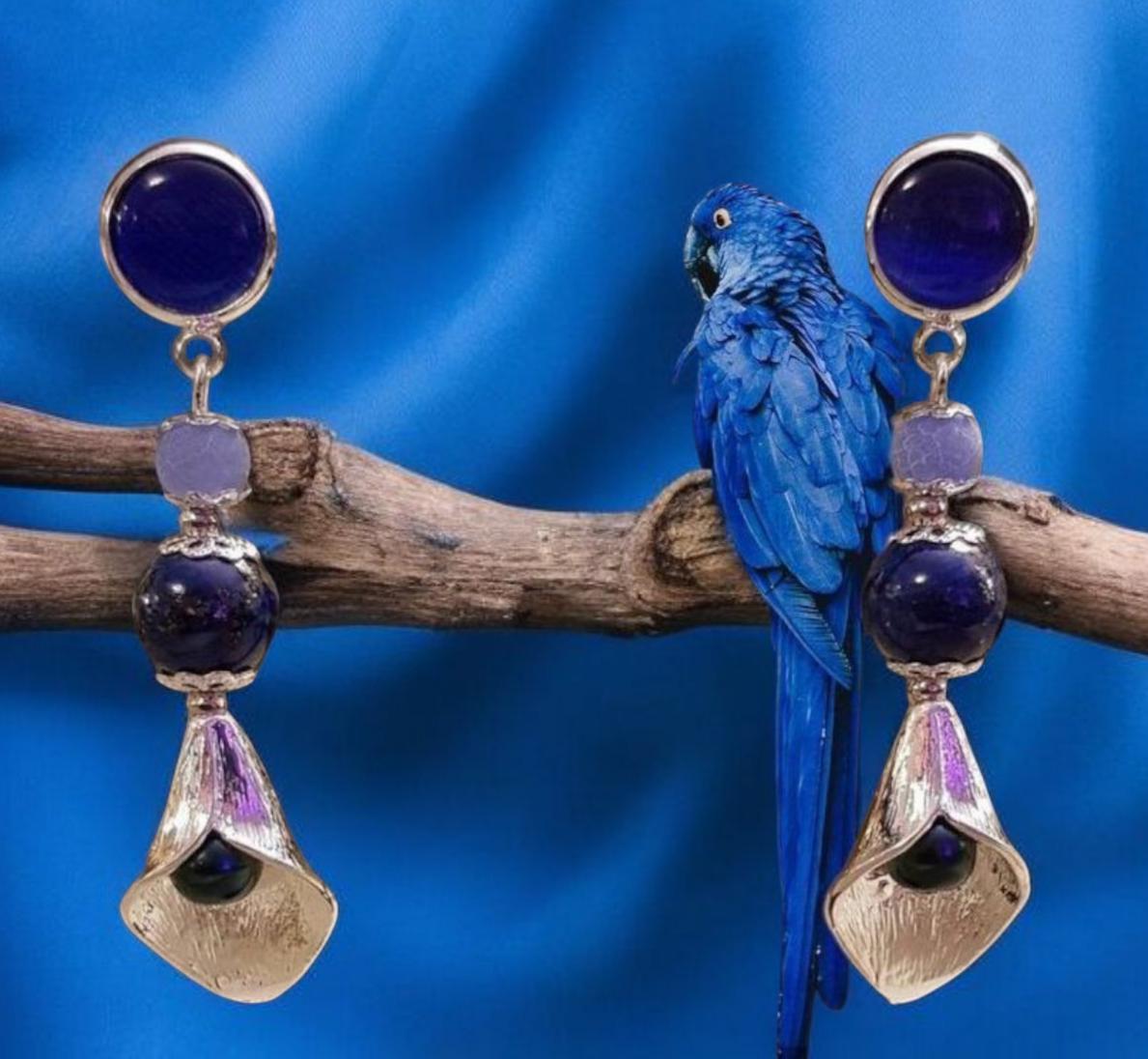 Boucles D'Oreilles Pendantes Oiseau Plume – Bleu Roi, Gris Argenté – Fantaisie Originale – Neuves