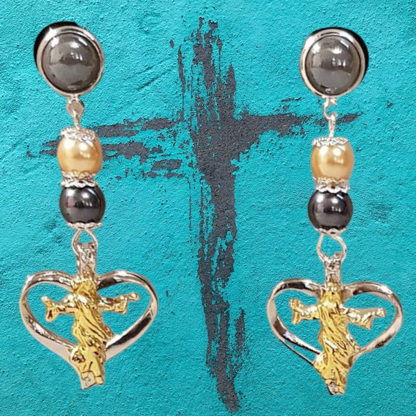 Boucles d'oreilles, original, hippie, Christ, Pâques, cœur, argent, gris, doré, cadeau.