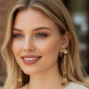 Boucles d'oreilles, original, doré, marron, beige, élégant, mobile, automne, soirée, fêtes, cadeau.