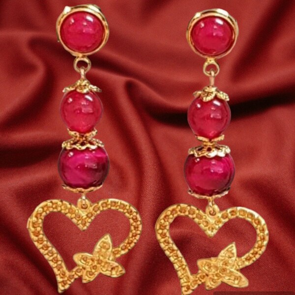 Boucles d'oreilles, original, coeur, papillon, baroque, doré, fuschia, féminin, gemmes naturelles, soirée, fêtes, cadeau.