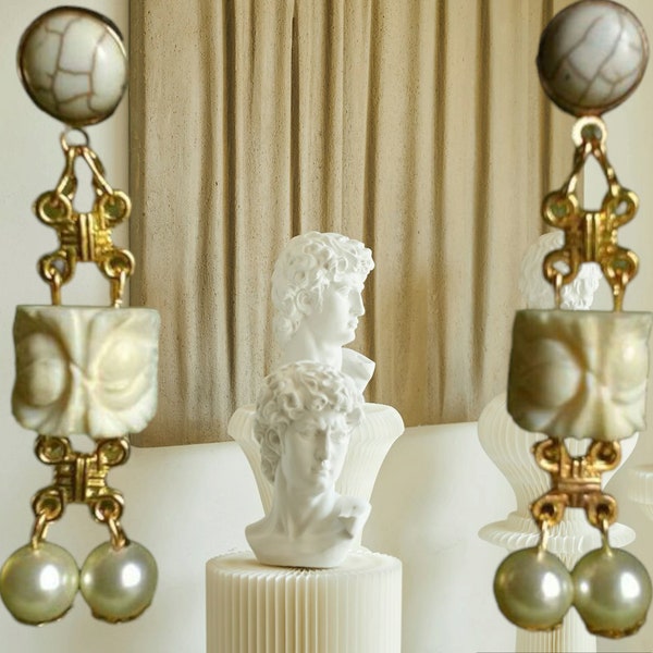 Boucles d'oreilles, Couture, blanc, vintage, or, perles, original, couleur ivoire.