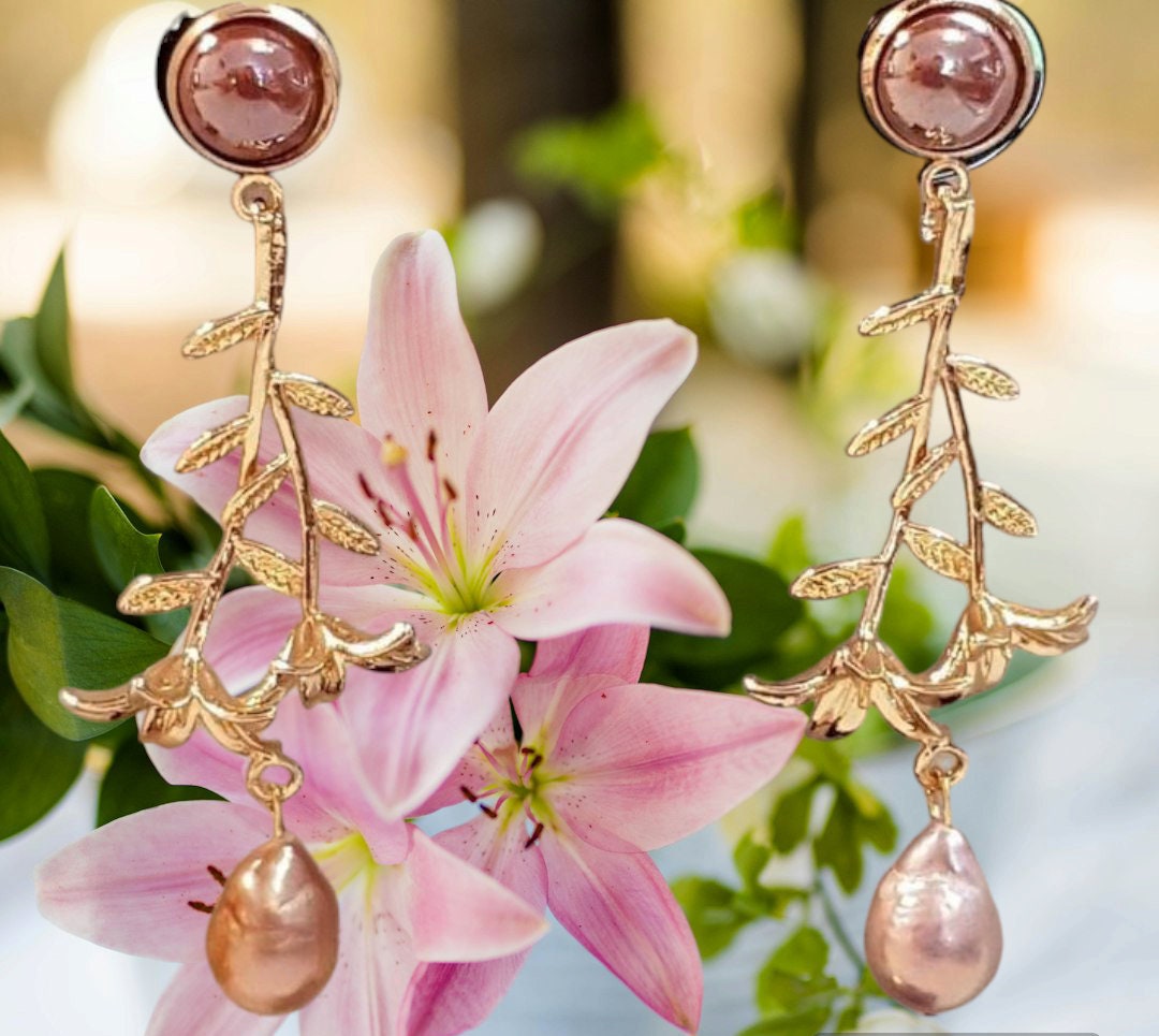 Earrings, Original, Flowers, Lily, Pink, Nude, Gold, Nature, Feminine, Evening, Parties, Gift