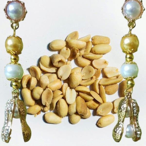 Boucles d'oreilles, perles, blanc, doré, fruits, drôle, élégant, sud.