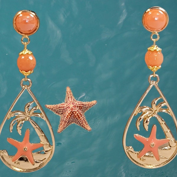 boucles d'oreilles, original, étoile de mer, palmier, mer, plage, été, orange, doré, gemmes naturelles, soirée, fêtes, cadeau.