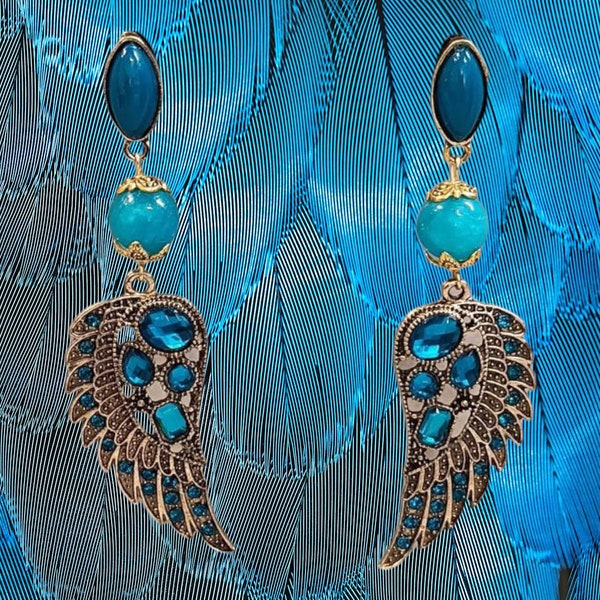 Boucles d'oreilles, original, ailes, bleu, turquoise, gemmes naturelles, lumineux, oiseaux, anges, soirée, fêtes , cadeau.