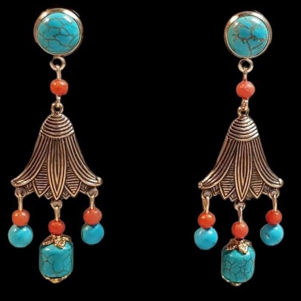 Boucles d'oreilles, original, fleurs, Egypte, Lotus, rouge, turquoise, gemmes naturelles, oriental, soirée, fêtes, cadeau.