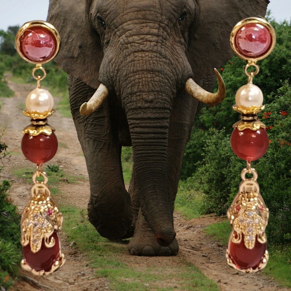 boucles d'oreilles, éléphant, rouge, doré, gemmes naturelles, style moghol, indien, soirée, fêtes, cadeau.