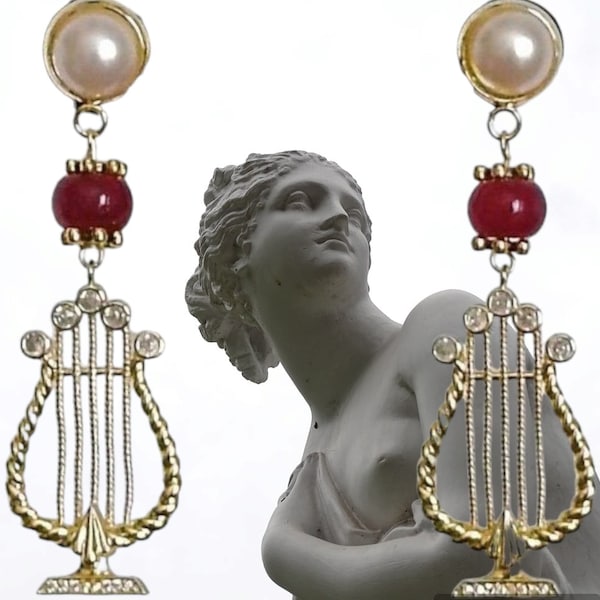 Boucles d'oreilles, original, musique, lyre, Antiquité, gemmes naturelles, rouge, or, blanc, soirée, fêtes, cadeau.