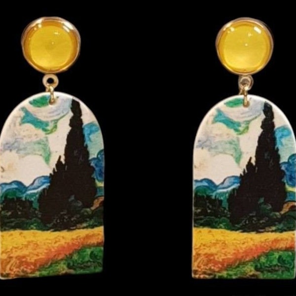 Boucles d'oreilles, original, paysage, sud, Provence, Arles, Van Gogh, cyprès, jaune, vert, été, soirée, fêtes, cadeau.