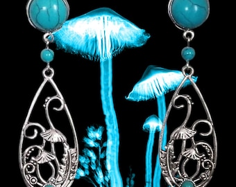 Boucles d'oreilles, original, champignons, nature, argent, turquoise, gemmes naturelles, soirée, fêtes, cadeau.