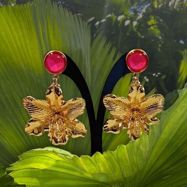 Boucles d'oreilles, original, orchidées, doré, rose, couture, mode, fleurs, soirée, fêtes, cadeau.