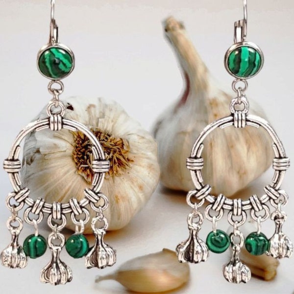 Boucles d'oreilles, original, sud, légumes, cuisine, vert  argent, gemmes naturelles, créoles, soirée, fêtes, cadeau.