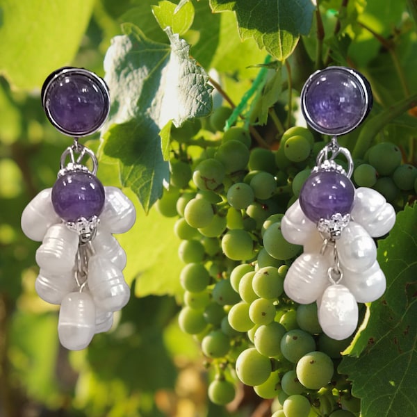 Boucles d'oreilles, original, raisin, grappe, gemmes naturelles, blanc, violet, soirée, fêtes, cadeau.