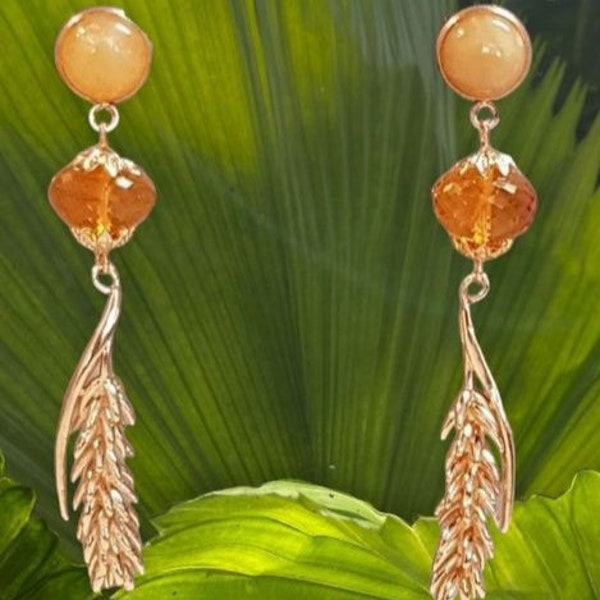 Boucles d'oreilles,, blé, épis, or, jaune, gemmes naturelles, nature, campagne, été, lumineux, soirée, fêtes, cadeau.