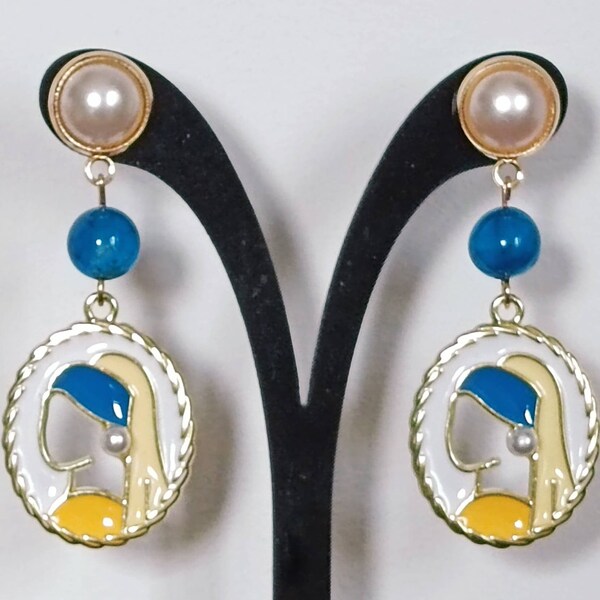 Boucles d'oreilles, original, Vermeer, doré, bleu, blanc, jaune, perles, humour, soirée, fêtes, cadeau.