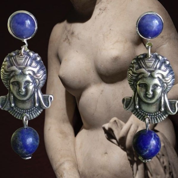 Boucles d'oreille, argent, lapis lazuli, opale, Grèce, Rome, bleu, visage, déesse.