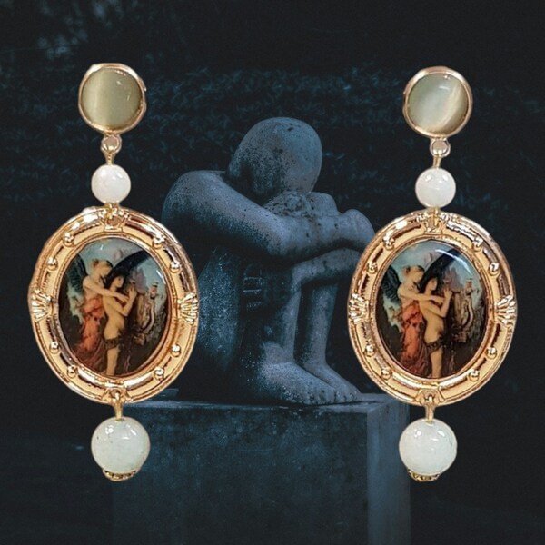 Boucles d'oreilles, original, peinture, Gustave Moreau, doré, cadre, bleu, gemmes naturelles, soirée, fêtes, cadeau.