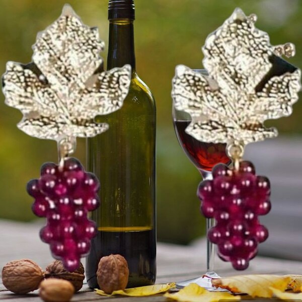 Boucles d'oreilles, original, fruits, raisins, vigne, rouge, bordeaux, gemmes naturelles, or, soirée, fêtes, cadeau.