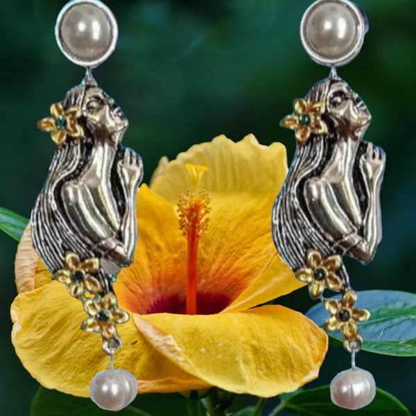 Boucles d'oreilles, original, argent, doré, femme, tahitienne, fleurs, gemmes naturelles, soirée, fêtes, cadeau.