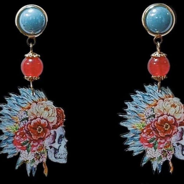 Boucles d'oreilles, original, Mexique, tête de mort, gemmes naturelles, lumineux, doré, bleu, rose, soirée, fêtes, cadeau.