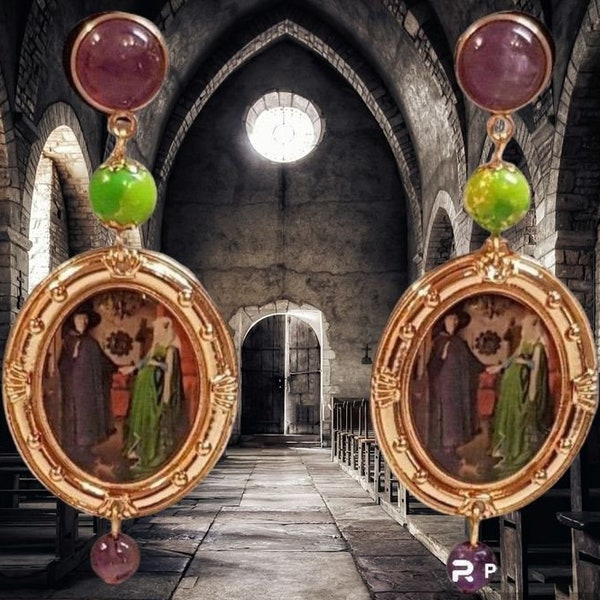 Boucles d'oreilles, original, peinture, tableau, art, Van Eyck, gemmes naturelles, doré,  violet, vert, Couture, soirée, fêtes, cadeau.