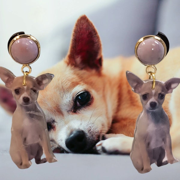 Boucles d'oreilles, original, chihuahua, chiens, gemmes naturelles, gris, doré, soirée, fêtes, cadeau.