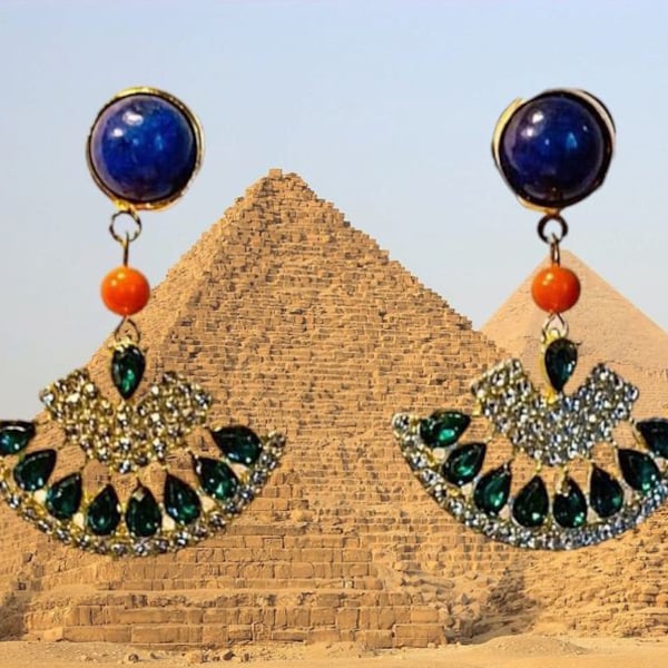 Boucles d'oreilles, original, Egypte, palme, lotus, bleu, vert, orange, gemmes naturelles, soirée, fêtes, cadeau.