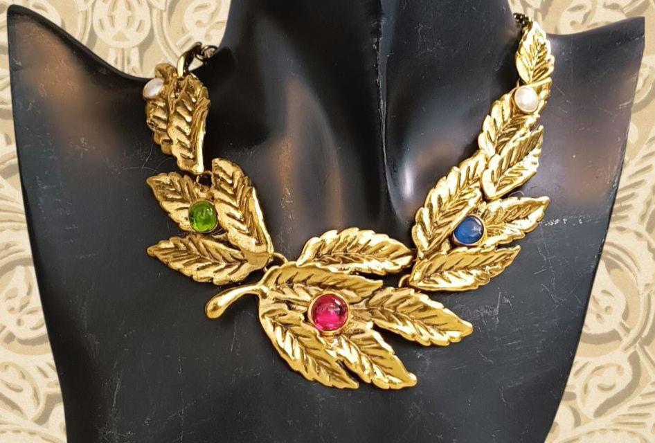 Collier Plastron Art Déco Ethnique - Bronze Et Laiton Doré, Résine, Longueur 45+6 Cm, Style Années 80