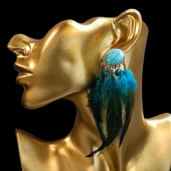 Boucles d'oreilles, original, plumes, quetzal, oiseau, bleu, turquoise, gemmes naturelles, soirées, fêtes, cadeau.