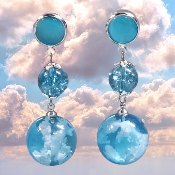 Earrings, original, sky, clouds, blue, silver, precious gems, spring, summer, evening, parties, gift.