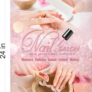 May include: A pink and white advertisement for a nail salon called "Nail's Salon". The ad features a hand getting a manicure and a bowl of water with flower petals. The text "New Deluxe Nail Services" and "Manicure Pedicure Gelnail Eyelash Waxing" is also included.