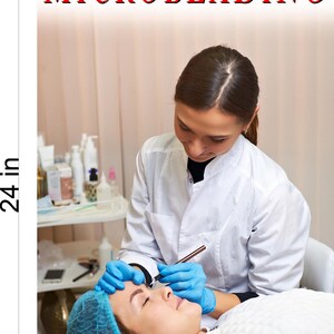 May include: A woman in a white lab coat and blue gloves performs microblading on a client's eyebrow. The client is lying down with their eyes closed and wearing a blue surgical cap. The text "MICROBLADING" is written in red at the top of the image.