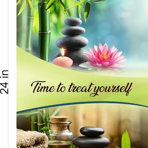 May include: A spa-themed print with a green bamboo plant, a stack of gray stones, a pink water lily, a lit pink candle, and the text "Time to treat yourself".