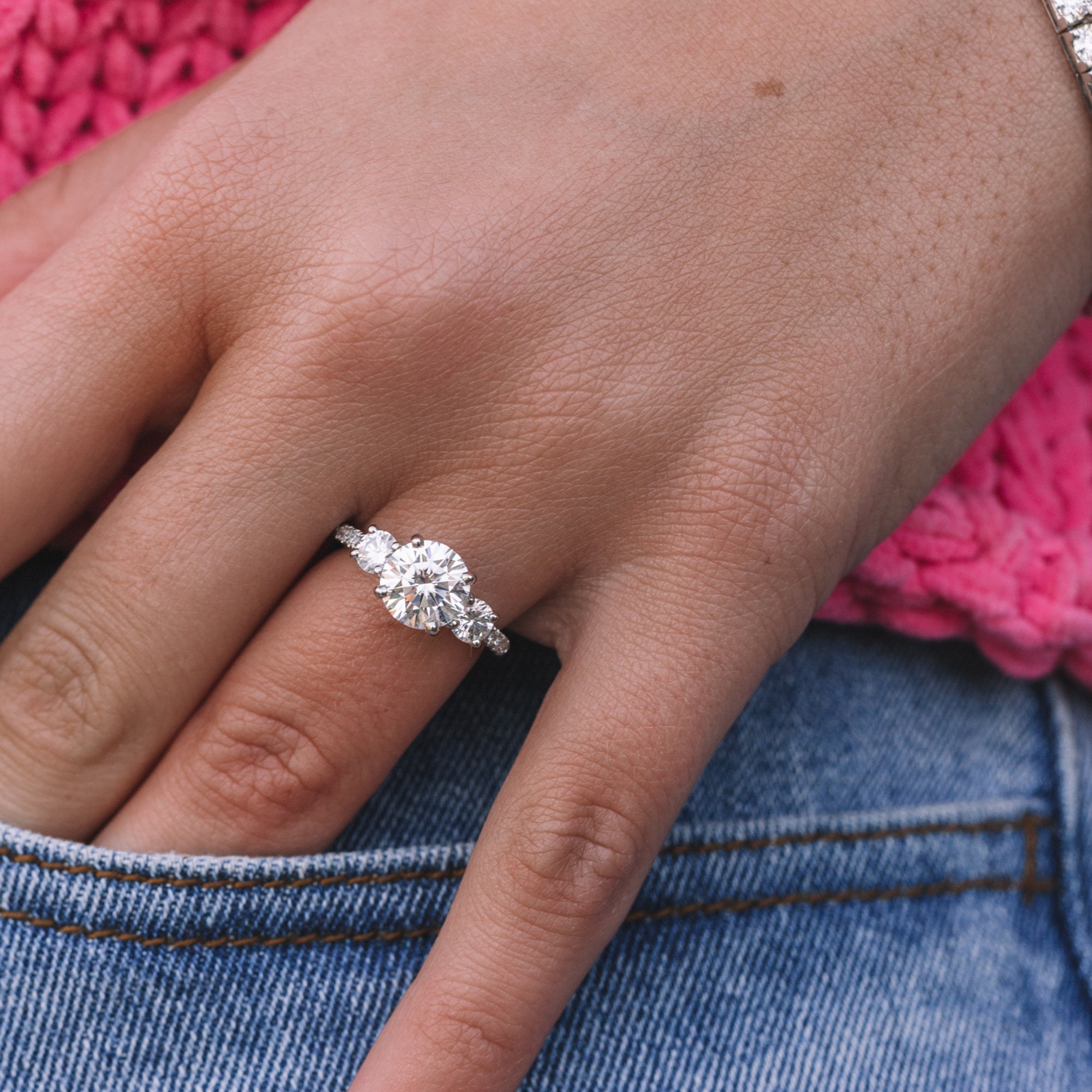 Three Stone Engagement Ring 14K/18k White Gold Bridal Past | Etsy
