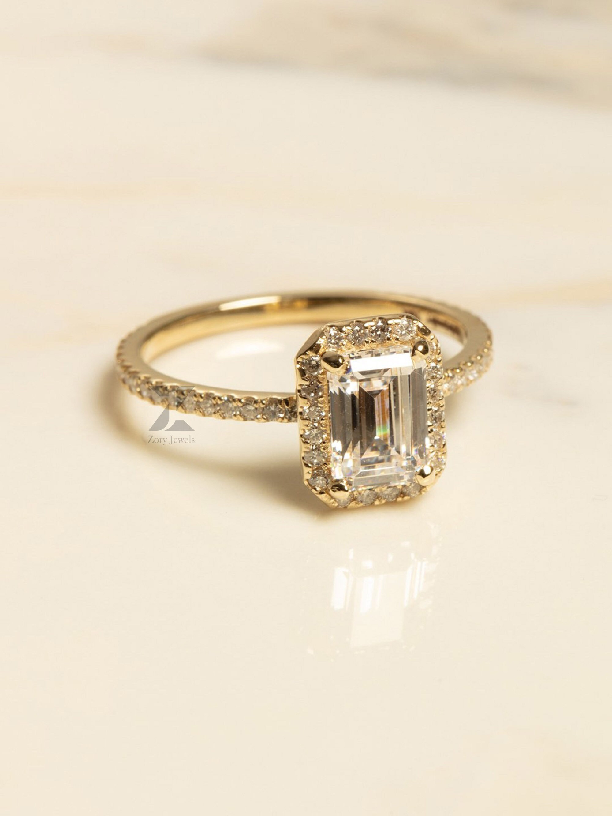 Emerald Cut Moissanite Halo Engagement Ring. 14k White Gold - Etsy