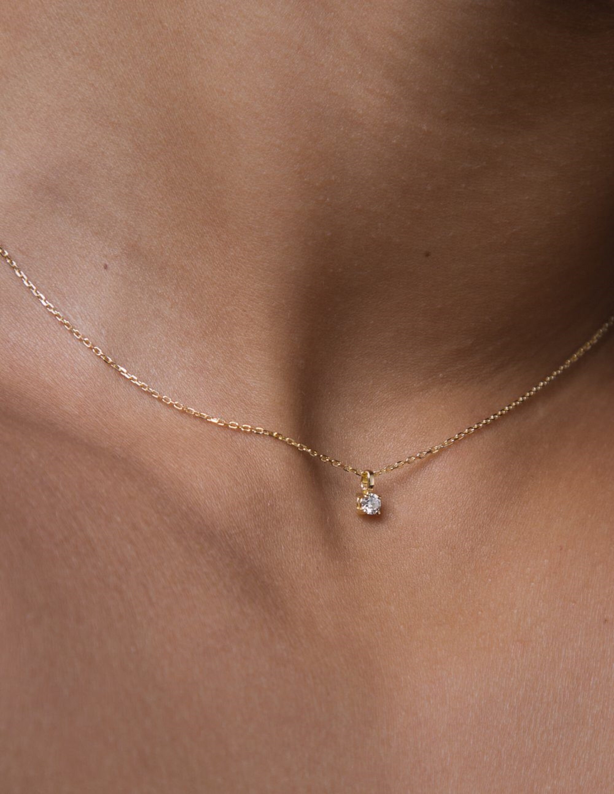 Dainty Gold Diamond Necklace 14k Gold Solitaire Moissanite Etsy