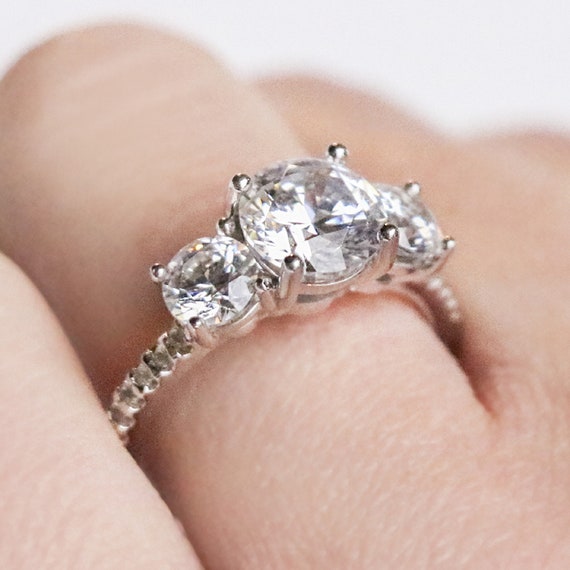 Three Stone Engagement Ring 14K Gold Bridal Ring 3 Stone Etsy