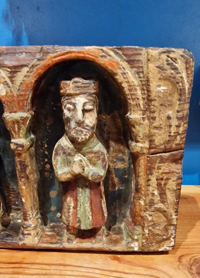 Antique French Hand Carved Religious Altar Piece, Polychrome, Mary