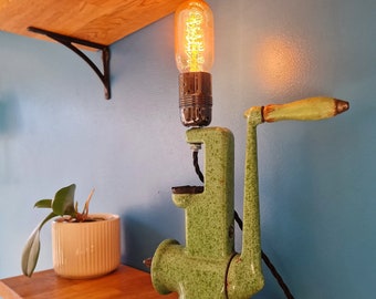 Vintage Harper Enamelled Meat Grinder Table Lamp, Funky Desk Lamp, Repurposed Cool Home Decor, Home Office Lighting,  Interior Design