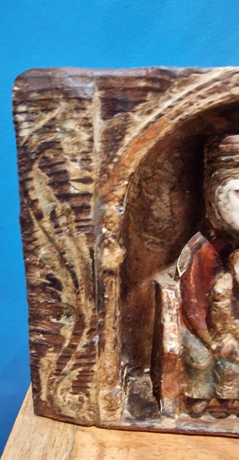 Antique French Hand Carved Religious Altar Piece, Polychrome, Mary