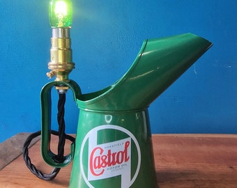 Vintage style Green Castrol Oil Jug Table Lamp, Desk Lamp, Funky Repurposed Home Decor, Industrial Light Automobilia, Interior