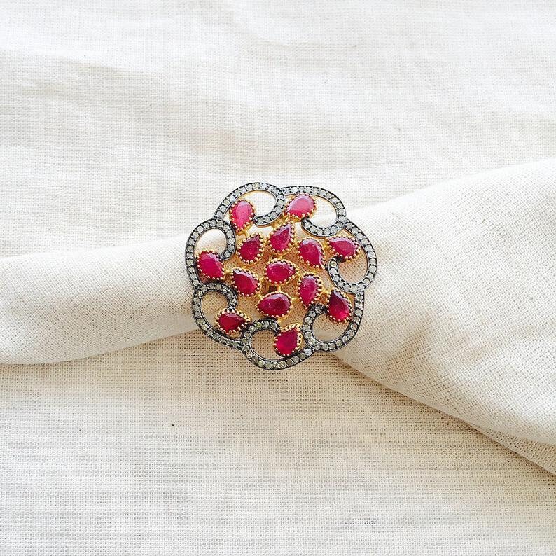 Natural Pave Diamond Jewelry Natural Ruby Gemstone 925 Sterling Silver ring Gifts for her Birthday gifts Surprise Gift Proposal