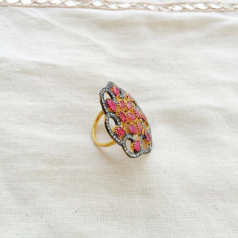 Natural Pave Diamond Jewelry Natural Ruby Gemstone 925 Sterling Silver ring Gifts for her Birthday gifts Surprise Gift Proposal
