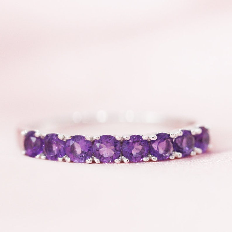 Natural Amethyst Gemstone Half Eternity Band Ring 925 Sterling Silver Jewel Engagement Ring gift for her