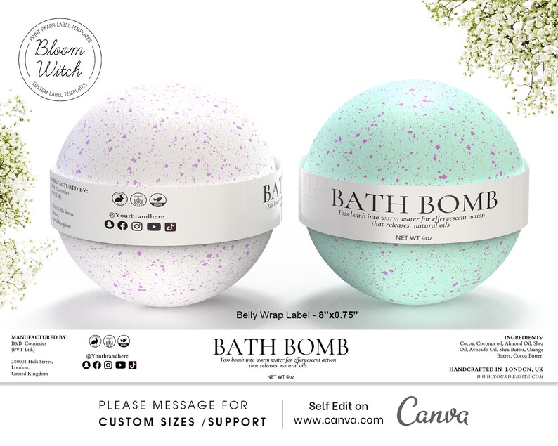 Editable White Bath Bomb Belly Wrap Label Editable Circle Label, Bath