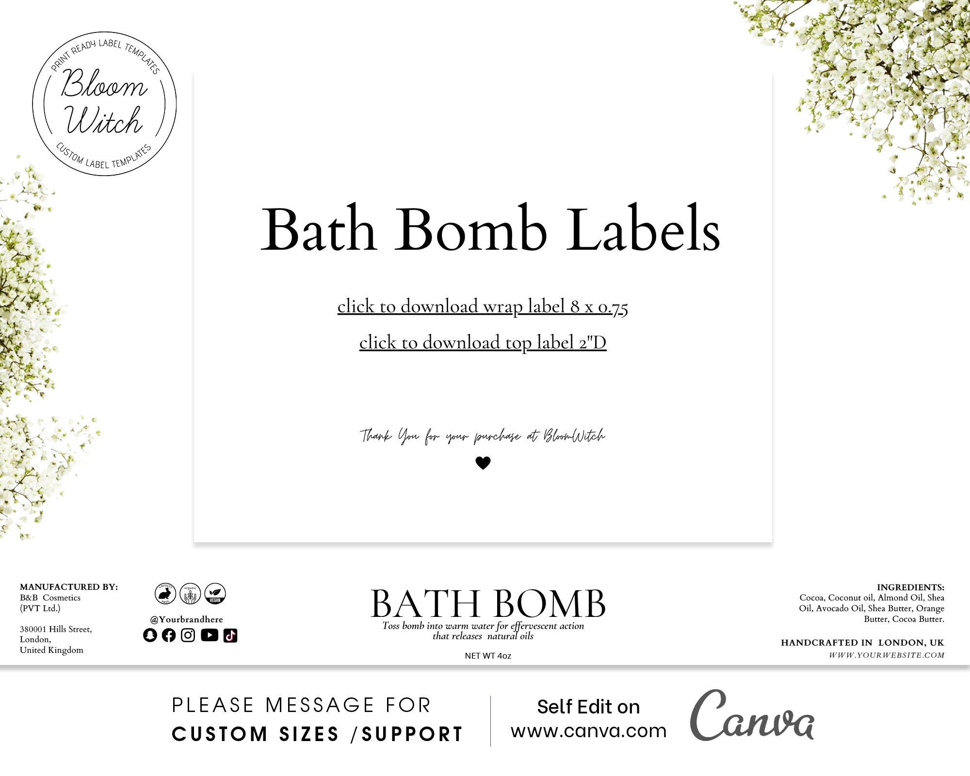 Editable White Bath Bomb Belly Wrap Label- Editable Circle Label, Bath ...