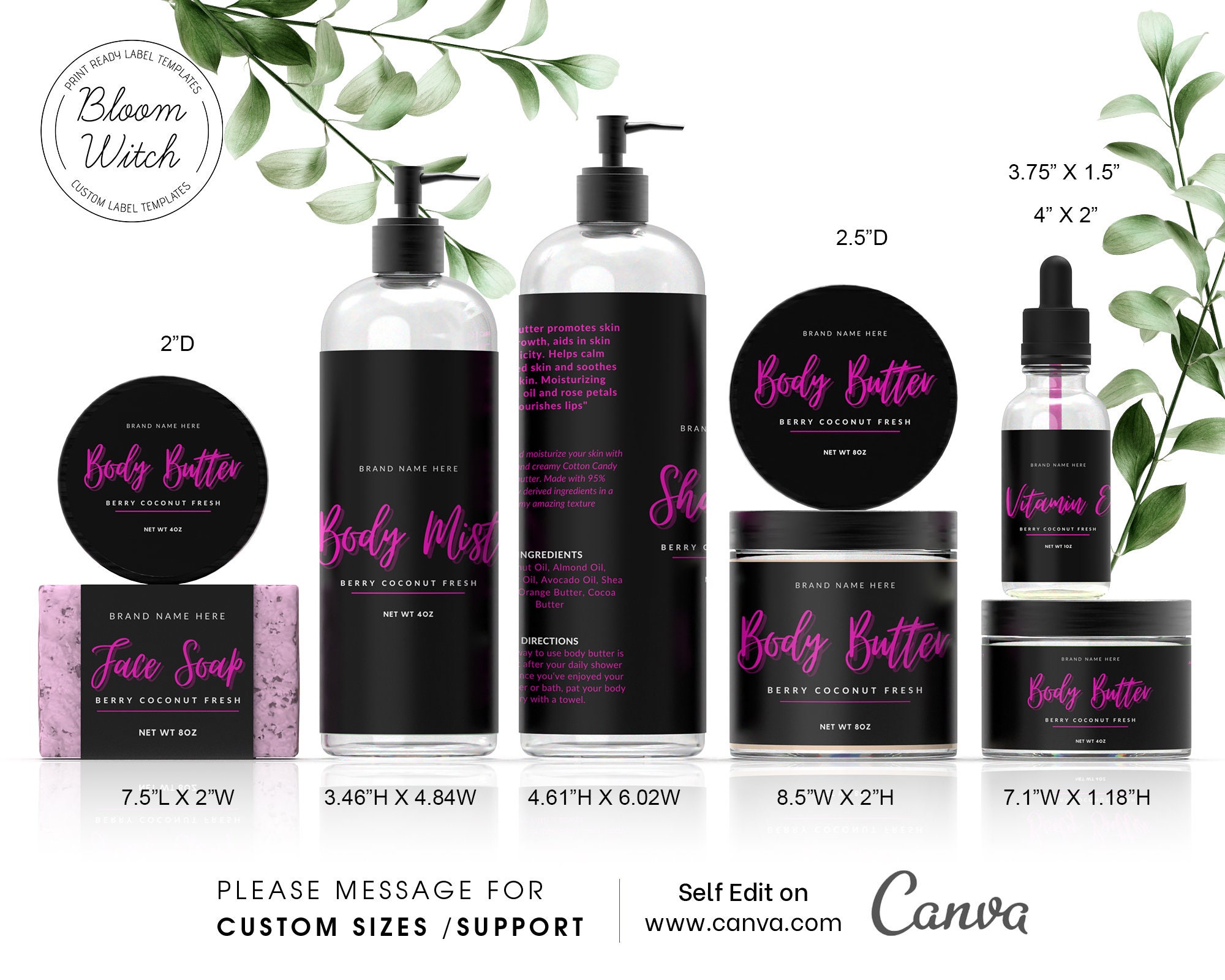 Black Pink Wrap Around Label Template 6oz Jar Labels, DIY Body Butter