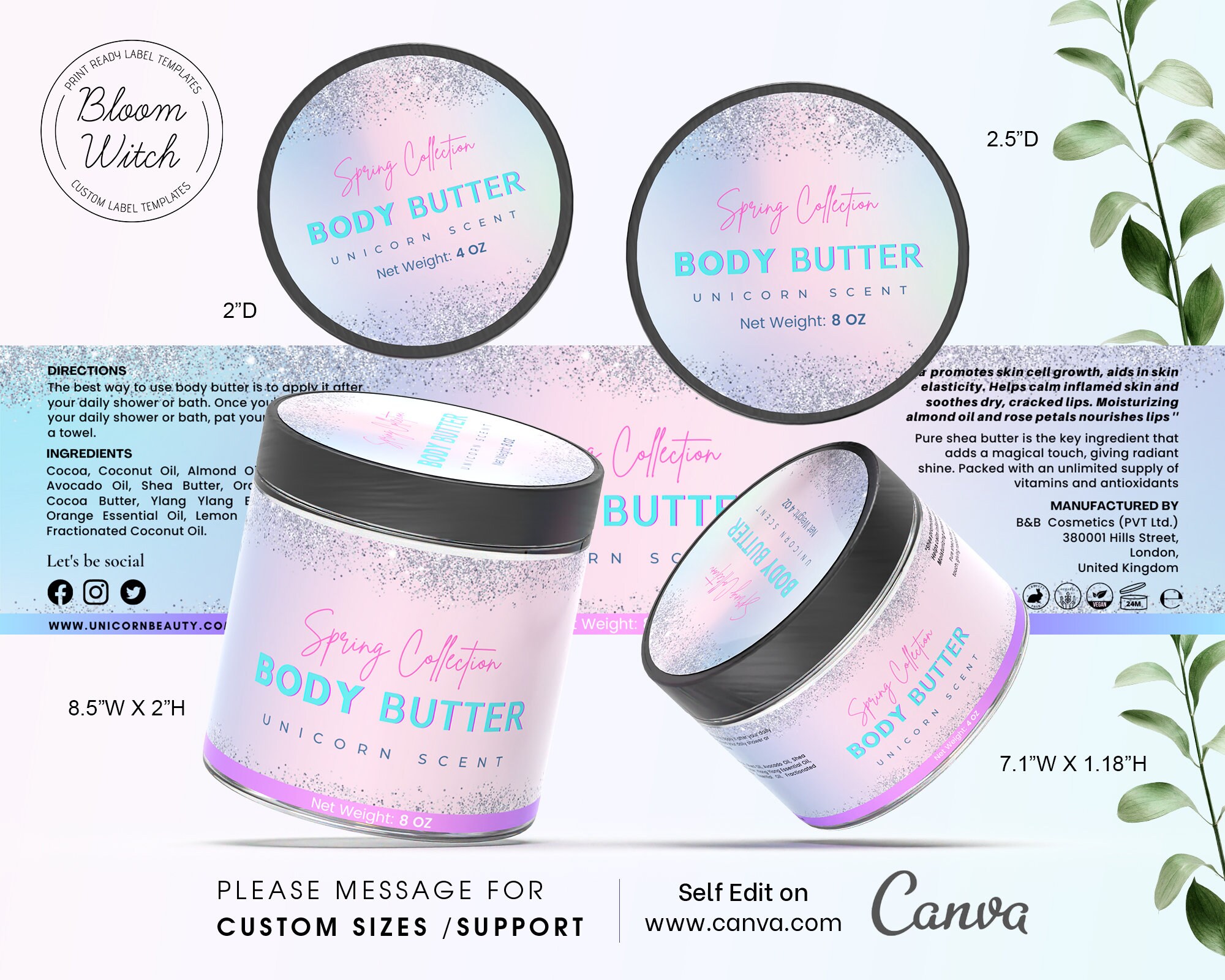 DIY Unicorn Body Butter Label Template Body Butter Labels Etsy