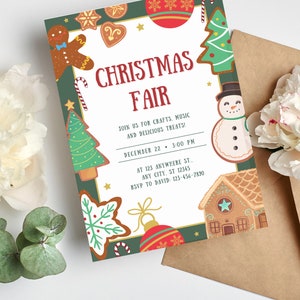 Editable Christmas Party Invitation for Kids, Green Red Funny Christmas Cookies Design, Christmas Party Printable Holiday Party Invitation