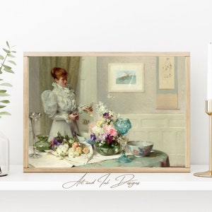 Woman Oil Painting Download | Vintage Art | Flower Arranger | Print at Home | Printable Instant Downloadable